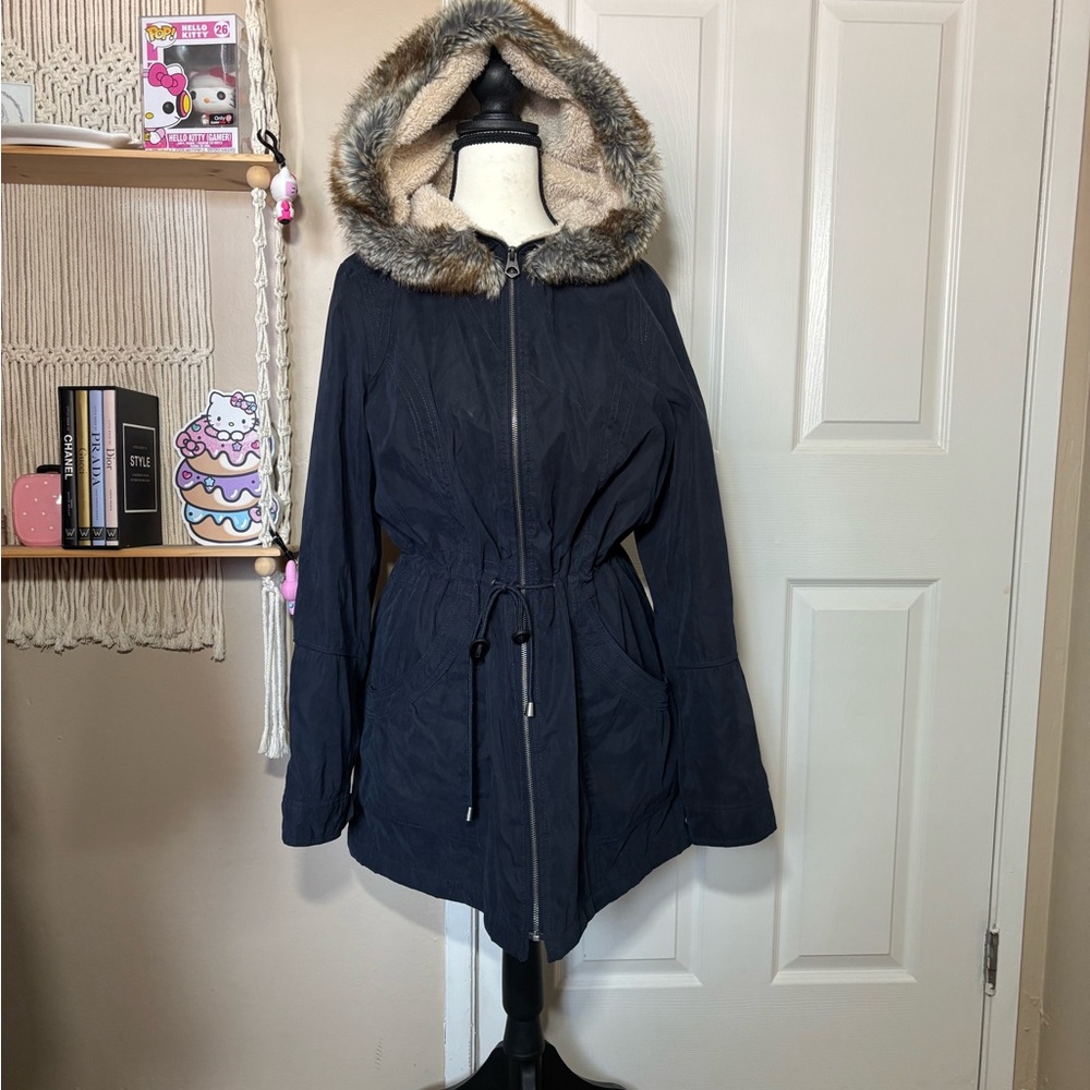 Women's Faux Fur Hooded Jacket - Navy
